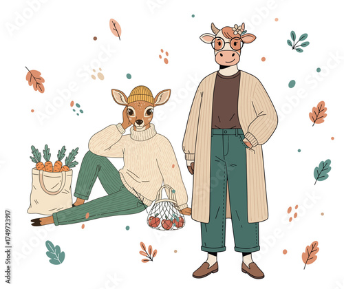 Two characters deer and cow in autumn fashion holding coffee cups and eco bags surrounded by falling leaves. Cute and stylish fall illustration