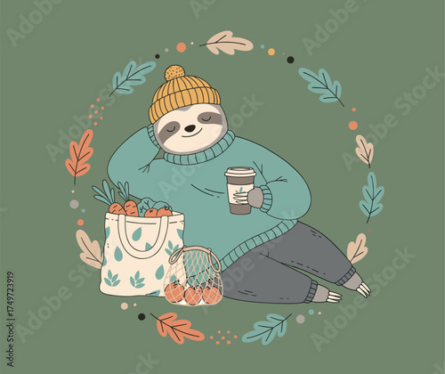 Cute sloth in a beanie holding coffee, surrounded by autumn leaves. Warm cozy mood in soft fall colors, perfect for seasonal cards and prints