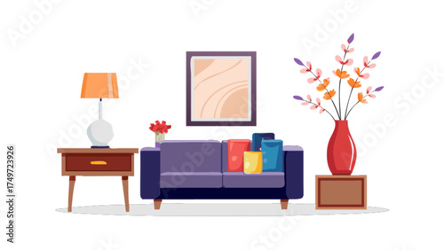 Living room interior design with sofa lamp and flowers vector illustration home decor furniture