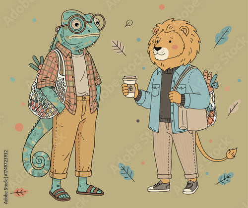 Chameleon and lion wearing cozy autumn clothes, holding coffee cups and eco bags with fall leaves around. Calm cozy illustration with earthy tones