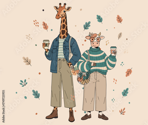 Cute giraffe and cow dressed in cozy autumn clothes, holding coffee cups with leaves falling around. Warm earthy tones and gentle autumn vibes
