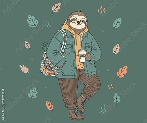 Cute sloth holding a coffee cup, dressed in warm autumn clothes with falling leaves around. Cozy calm illustration in soft earthy tones, perfect for seasonal design