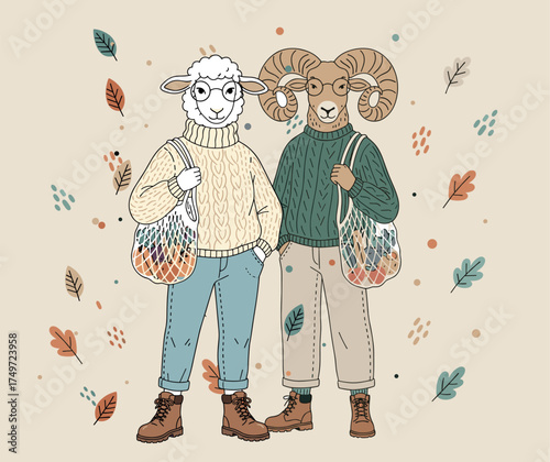 Two friendly animals — a ram and a sheep — dressed in warm sweaters, holding eco bags and coffee. Cozy fall atmosphere in soft colors