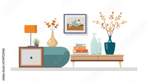 Modern interior design with furniture plants vases and decor items for home and office decoration