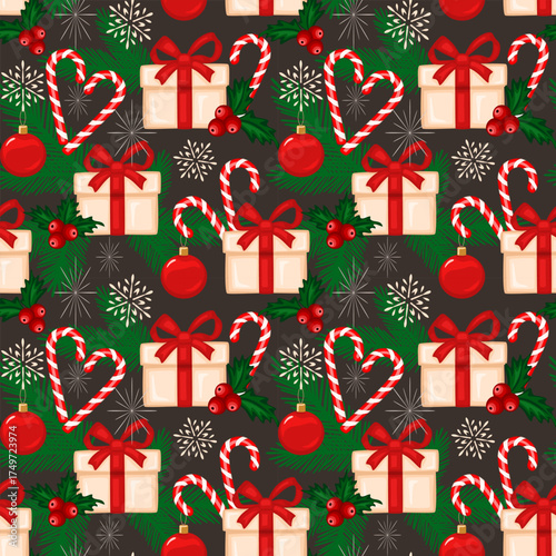 Seamless Christmas Pattern with Gifts, Candy Canes and Holly