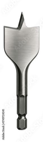 Hex shank flat spade bit with a wide paddle for quick drilling in softwood.