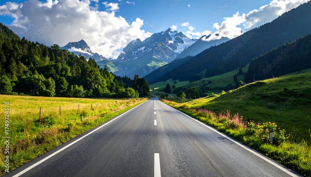 Naklejka premium Scenic Mountain Road Through Green Valley.