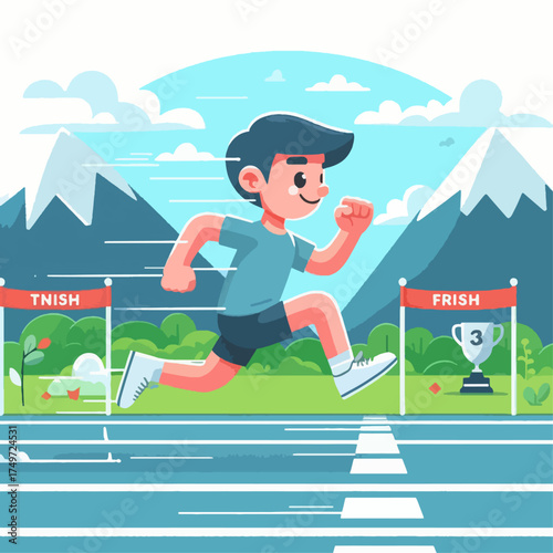 A cheerful cartoon boy running on a race track towards the finish line with mountains in the background, depicting a sports event.