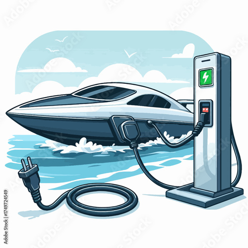 An electric luxury yacht is being charged at a dock with a charging station and a power cord.