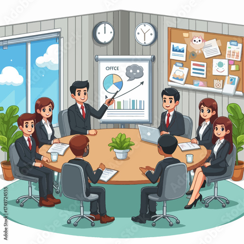 A diverse group of business professionals conducting a meeting in a modern office conference room, discussing charts and graphs.