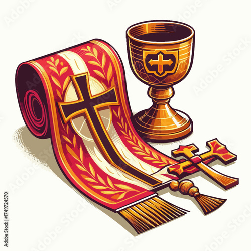 A Christian stole, chalice, and cross are displayed on a white background, symbolizing religious ceremony and faith.