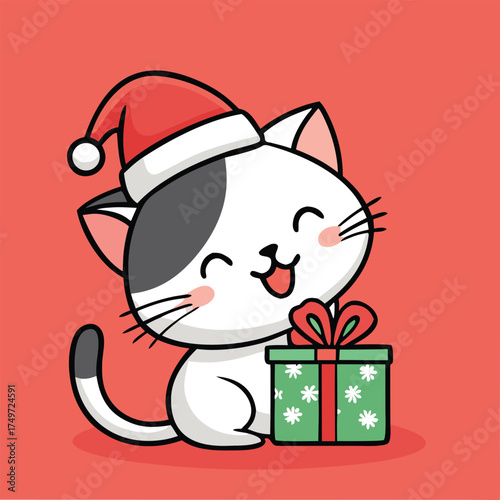 A cute cartoon cat wearing a Santa hat holds a green Christmas gift with a red ribbon, set against a red background.