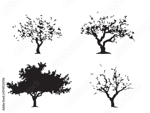 Plum Tree Silhouette with Graceful Branch Pattern 2D Vector Line Art