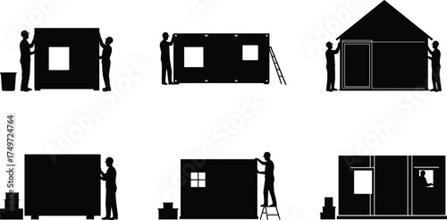 Construction workers silhouettes with walls, teamwork, building process, safety, architecture, engineering, masonry, labor, site inspection, collaboration, construction industry vector illustration