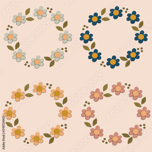 A round frame of hand-drawn flowers and leaves. A frame for text, icons, logos, or postcards. Vintage frames.