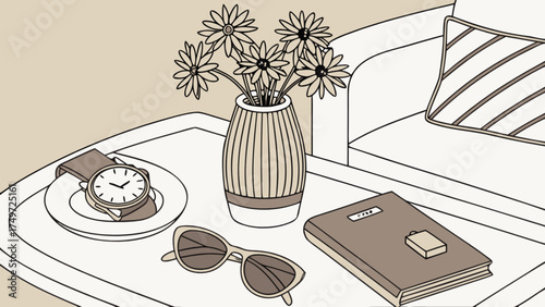 Still life drawing of bedside table with flowers watch sunglasses and book illustration art design