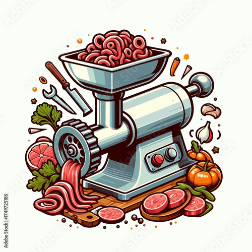 A detailed illustration of a meat grinder with various ingredients and tools surrounding it, showcasing the process of grinding meat.