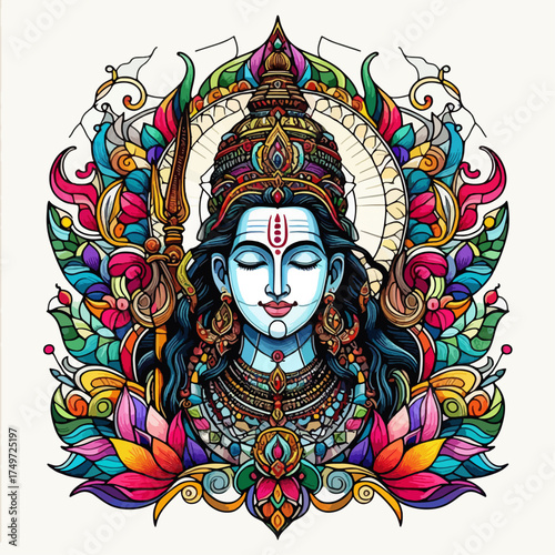 Vibrant and intricate illustration of Lord Shiva with a third eye and trident, surrounded by colorful floral and mandala-like patterns, showcasing Hindu religious art.