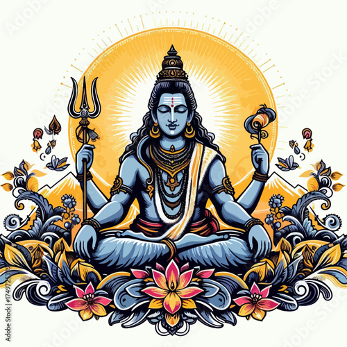 Lord Shiva Meditating in Lotus Pose Surrounded by Flowers and Mountains.