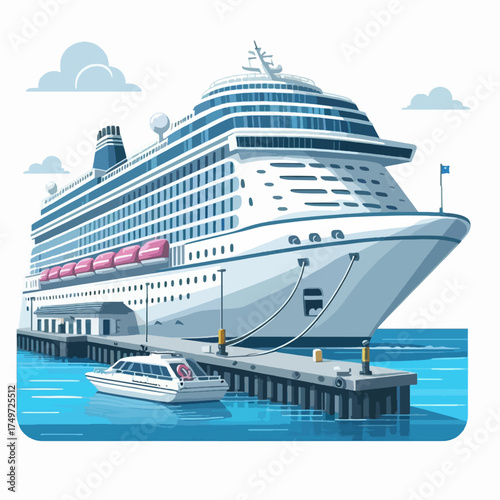 A large white cruise ship docked at a pier with a smaller boat alongside it in the blue water.