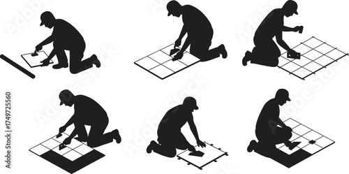 "Step by step floor tile installation process vector illustration showing worker measuring, applying adhesive, placing tiles, pressing, cleaning, grouting"