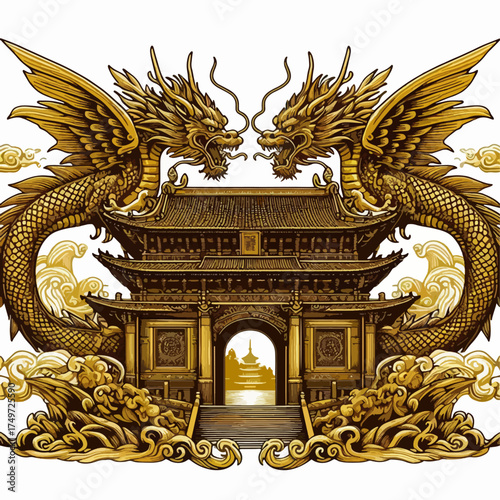 Ornate golden East Asian temple gate flanked by two majestic dragons in a traditional artistic style.