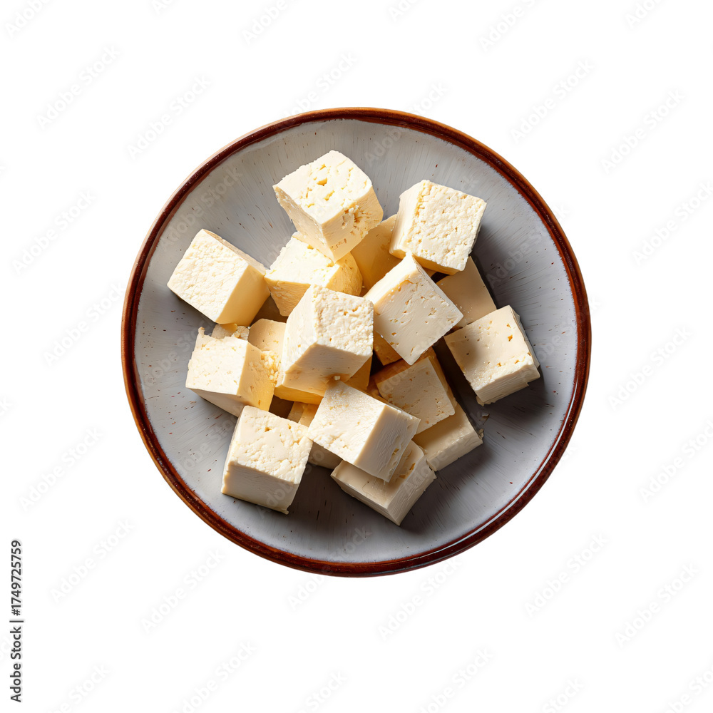 Fototapeta premium White firm tofu cubes cubes on a plate for hot pot isolated die-cut 