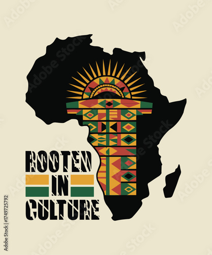 African continent silhouette with vibrant patterns and cultural text design