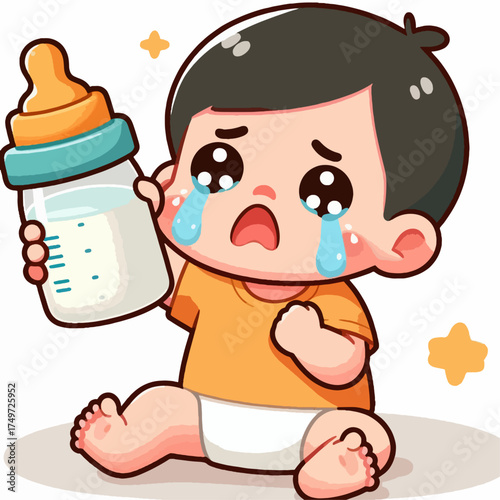Crying cartoon baby holding a milk bottle, looking sad and distressed.