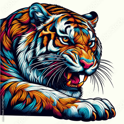 A vibrant and detailed close-up illustration of a tiger's face with striking, colorful patterns and an aggressive expression.