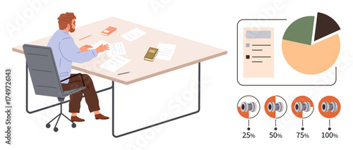 Man seated at desk reviewing papers, surrounded by organized data visuals thumbs up pie chart and progress percentages. Ideal for workplace analysis, productivity, education, planning, report