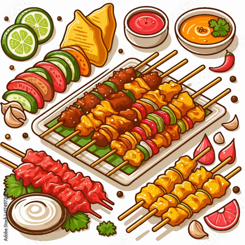 A vibrant and appetizing spread of various grilled meat skewers, served with fresh sliced vegetables, dips, and spices.