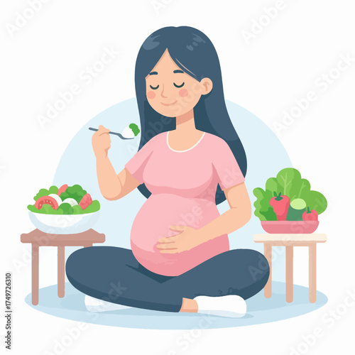 A pregnant woman happily eating a fresh green salad, promoting healthy nutrition during pregnancy.
