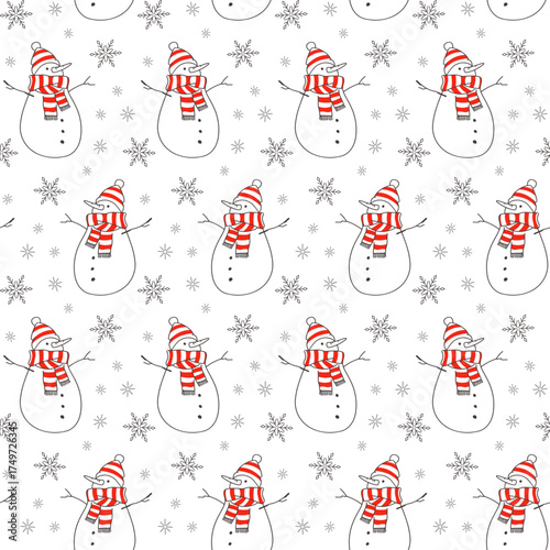 Winter Seamless Pattern with Hand Drawn Snowman Repeat on White Background