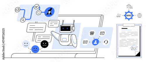 Robot interacting via chat bubbles, sentiment icons, and workflow maps on a laptop screen. Ideal for AI, technology, automation, customer support, digital communication, innovation simple flat