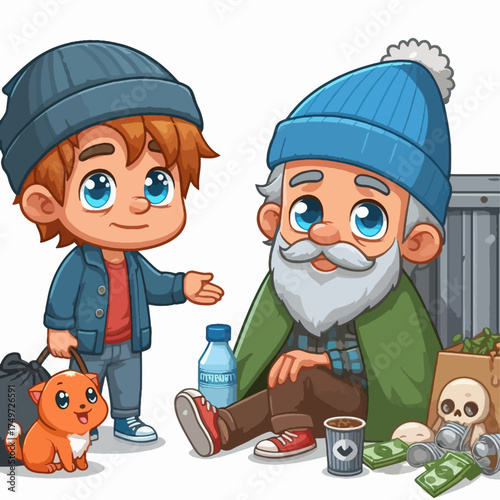 A young boy with a cat and a bag of belongings offers help to an elderly homeless man sitting on the street with money and food.