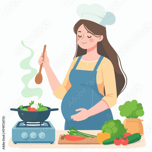 A happy pregnant woman in a chef's hat and apron cooking healthy vegetables on a stove, surrounded by fresh produce.
