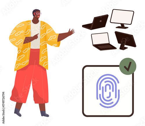 Speaker presenting laptops, desktops, and a tablet alongside a fingerprint design with a checkmark. Ideal for security, access, technology, data, education innovation communication. Simple flat