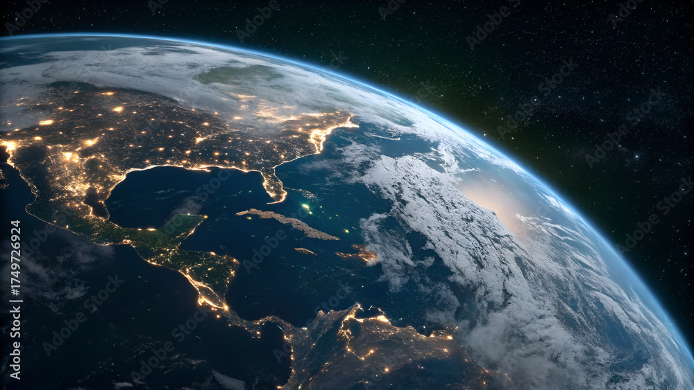 © VisualVibe - Stunning earth from space shows illuminated continents and cloudscapes, perfect for science, travel, or environmental projects