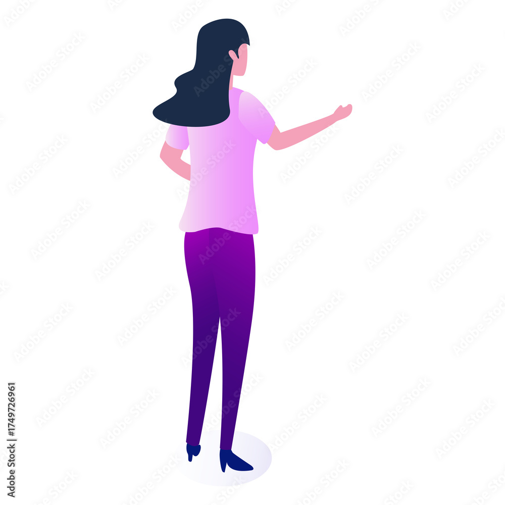 Fototapeta premium Woman Facing Away With Dark Hair Wearing A Light Pink T Shirt And Dark Purple Pants With A Small Blue Oval Base Standing In A White Background