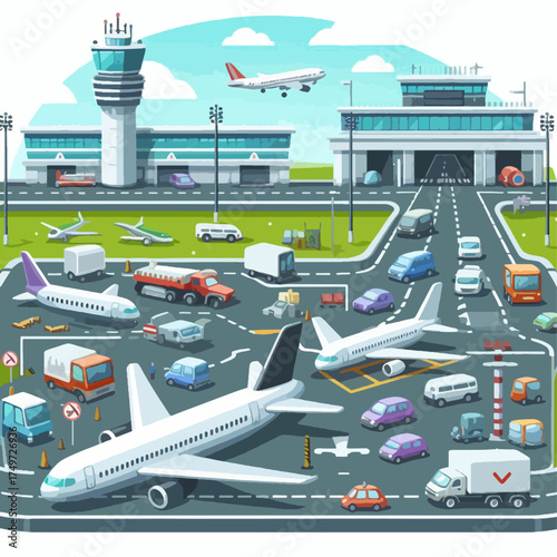 A vibrant cartoon illustration of a bustling airport with airplanes, control tower, and various ground vehicles.