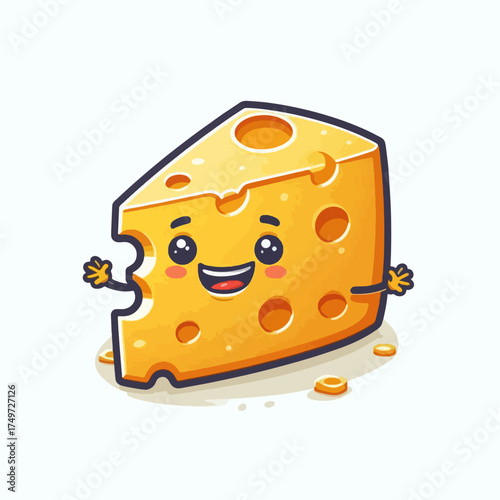 A cheerful cartoon slice of Swiss cheese with a happy face and arms raised in greeting.