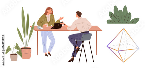 Professional man and woman in conversation at table with laptop and coffee nearby greenery and 3D geometric design. Ideal for teamwork, collaboration, workspace, creativity, design, decor themes