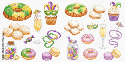 Watercolor illustration set of traditional Mardi Gras food, drinks, and festive decorations including king cakes, beignets, masks, beads, and colorful candies.