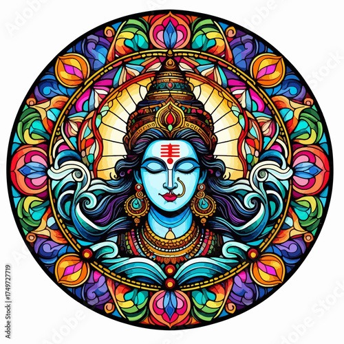Blue-skinned Hindu deity in a colorful stained glass mandala, intricate spiritual art.