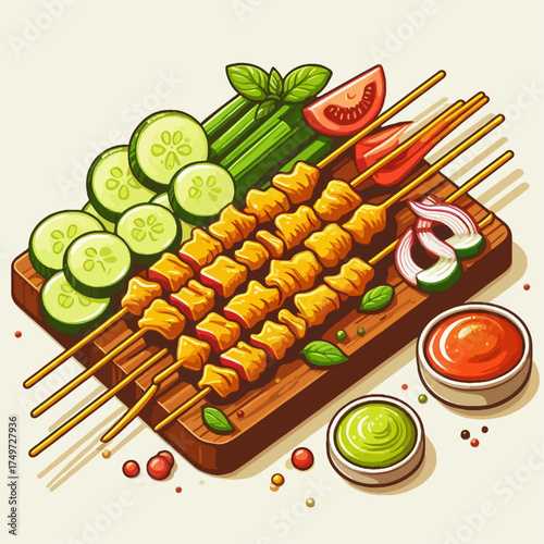 A delicious and healthy meal of grilled chicken skewers served with fresh cucumber slices, tomatoes, and dipping sauces on a wooden board.