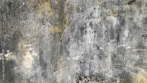 High-resolution full-frame texture of an ancient, heavily stained concrete wall featuring weathered gray, white, and yellow-brown mottled paint or stucco surface. Abstract concept