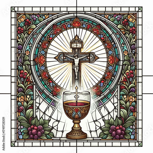 A detailed stained glass window depicting the crucifixion of Jesus Christ above a chalice filled with red wine, surrounded by floral motifs.