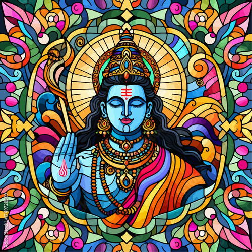 Vibrant Stained Glass Depiction of Lord Rama with a Halo and Ornate Crown, Holding a Staff.