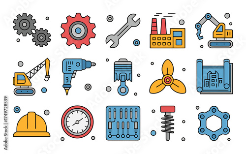 Construction and Engineering Icons Set Equipment Tools and Machinery for Building Industry and Infrastructure Development Featuring Gears Wrenches and Blueprints